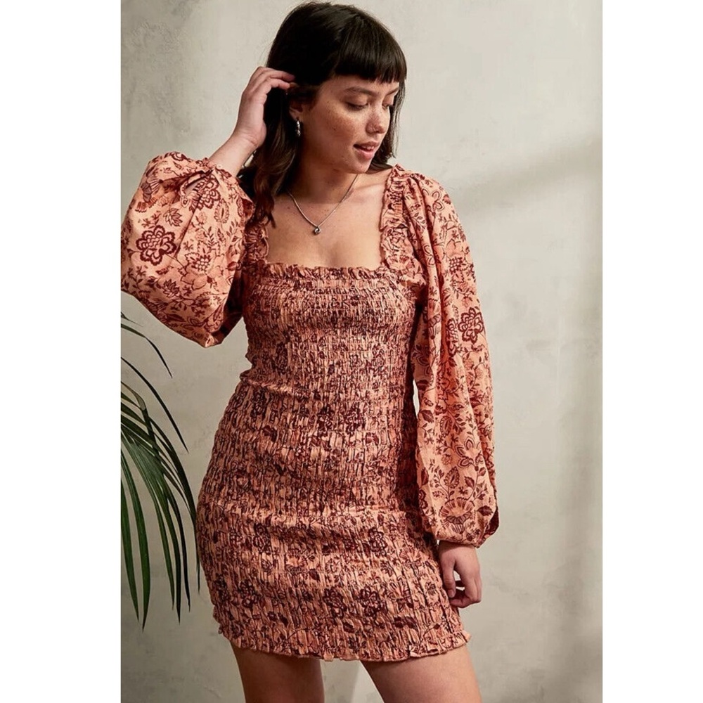 FREE PEOPLE Smock it to Me Floral On/Off Shoulder Mini Dress Coquette Milkmaid S - Picture 10 of 16